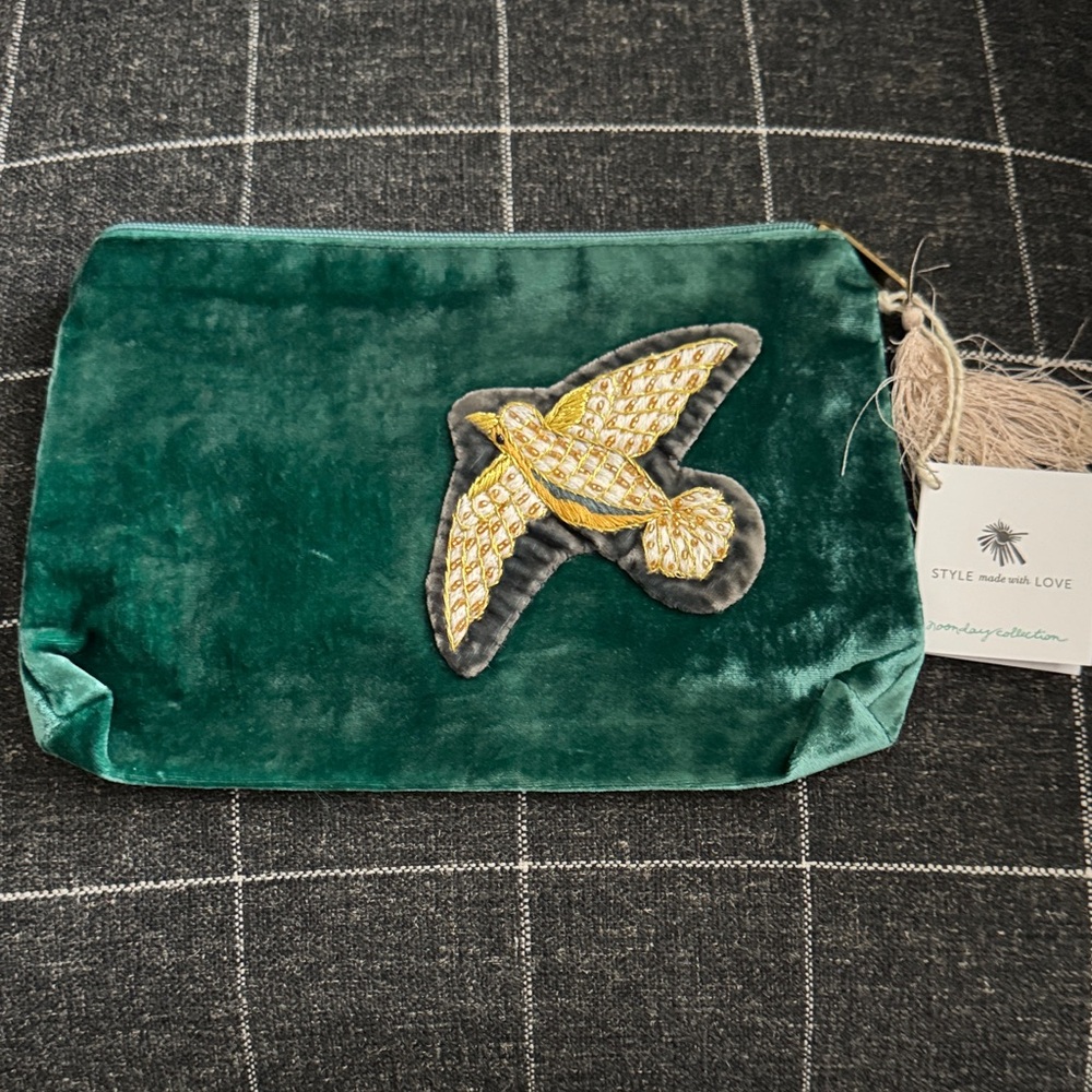 Noonday Collection Green Velvet Clutch with Gold Tassel